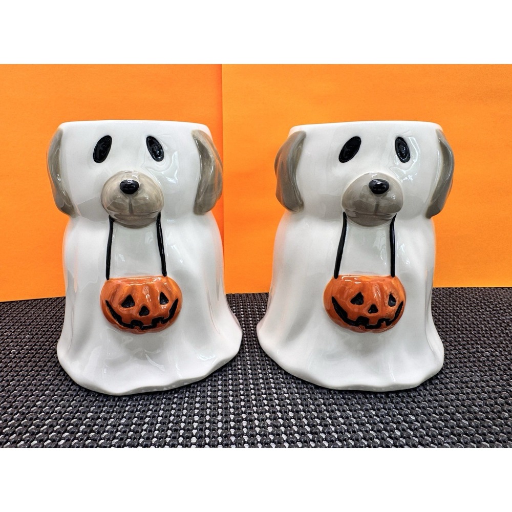 Pottery Barn Halloween Doug the Dog Ghost Mugs Set of 2 Ceramic Spooky Pumpkin